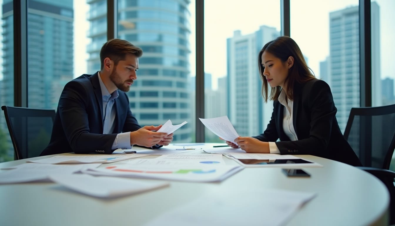 Réunion d'affaires en salle vitrée, analyse de documents.