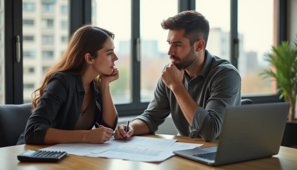 Discussion sérieuse entre deux collègues au bureau.