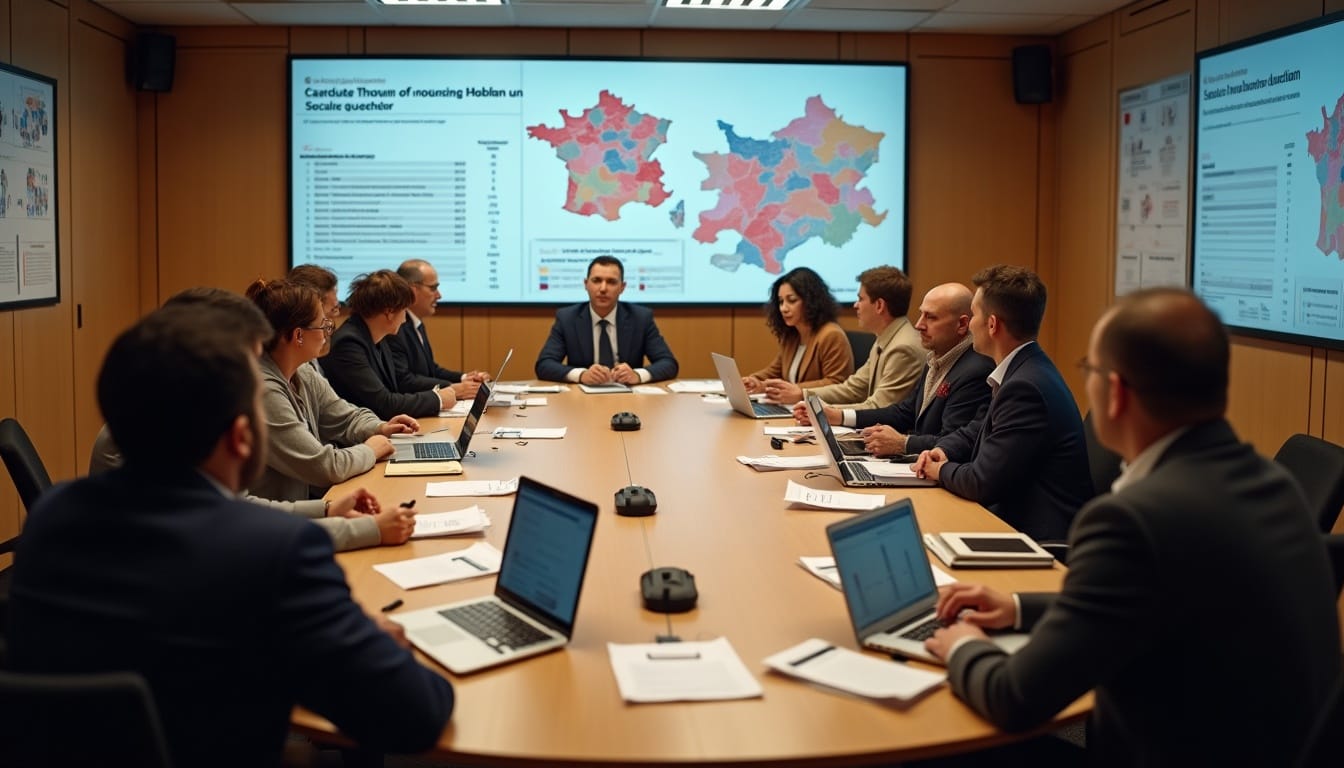 Réunion professionnelle avec présentation cartographique.