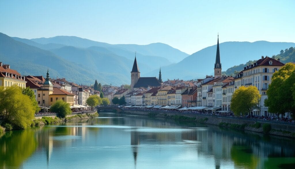 Ville pittoresque au bord d'une rivière paisible.