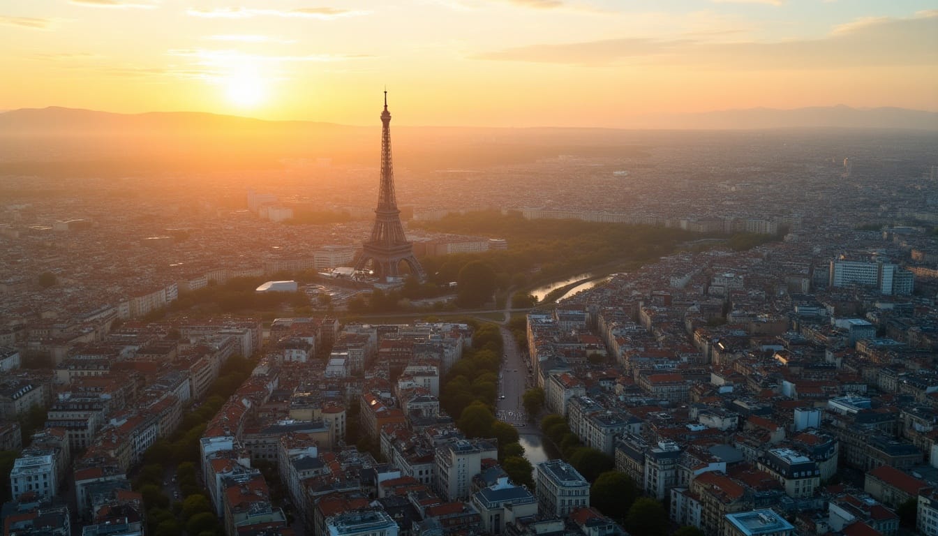 Coucher de soleil sur Paris et la tour Eiffel.