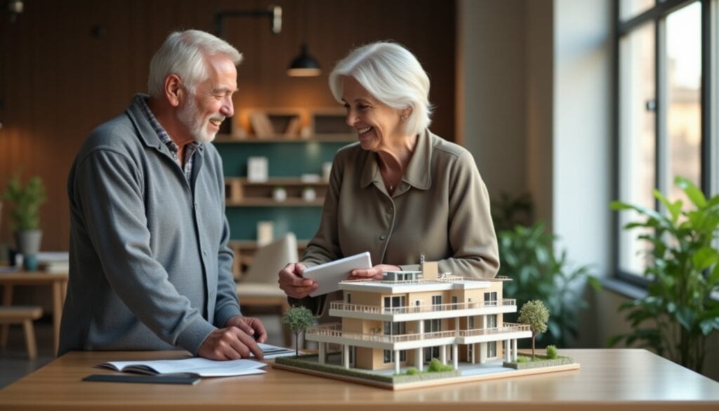 Couple senior souriant discutant maquette immobilier moderne