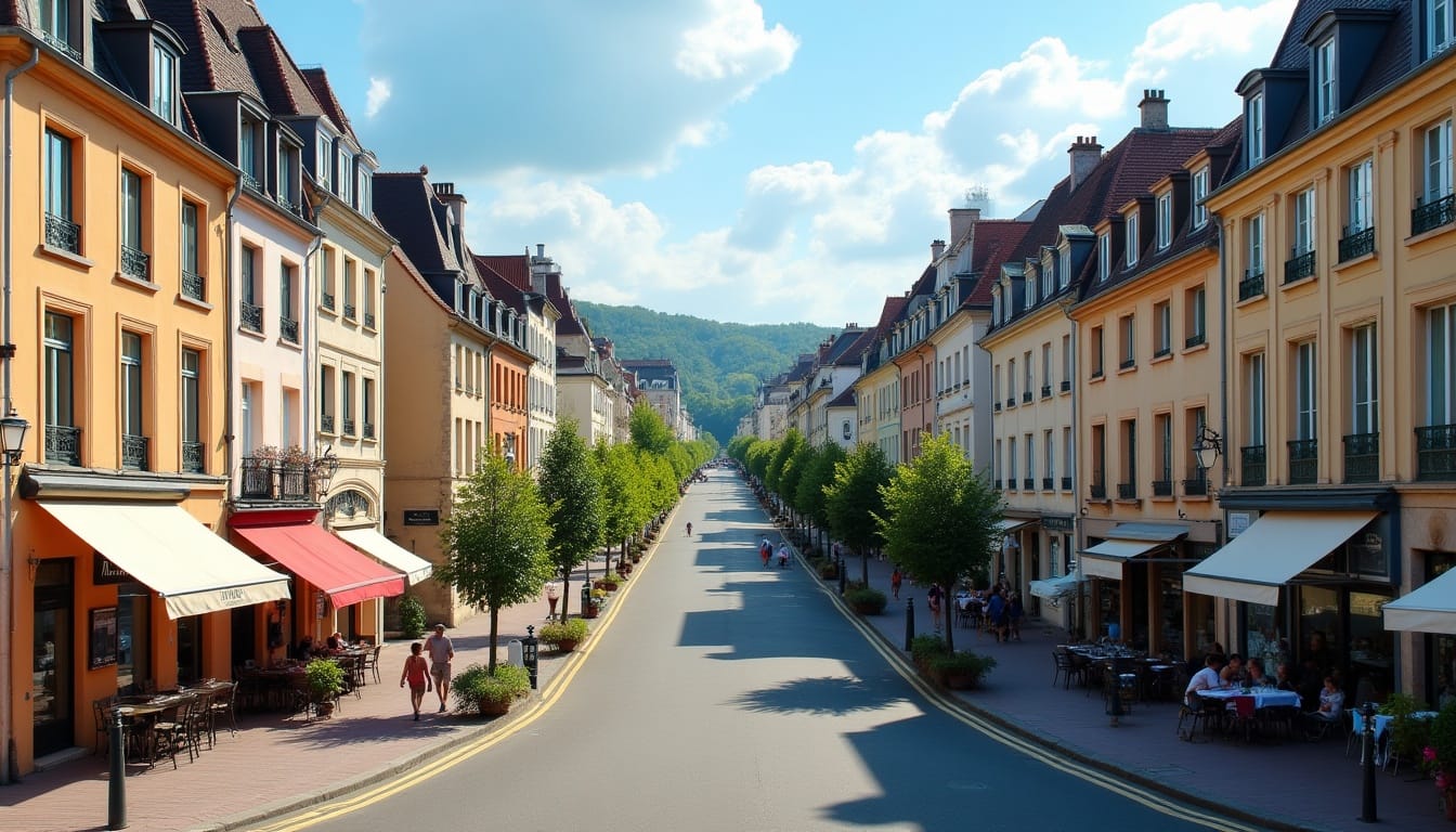 Rue bordée de cafés et boutiques en France.