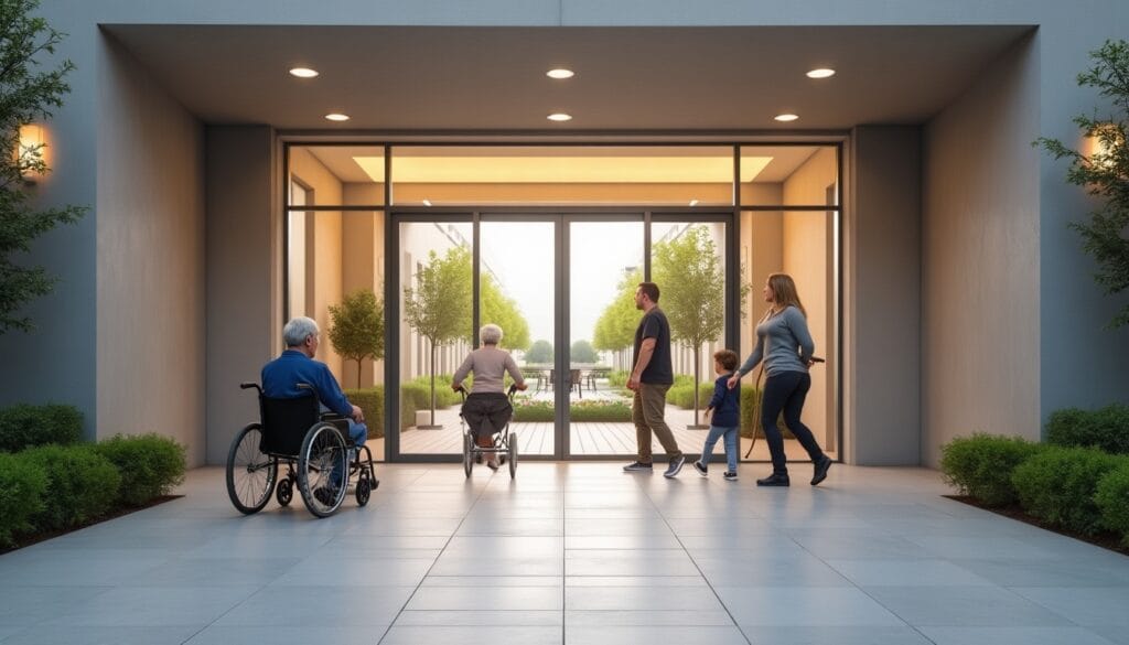 Personnes entrant dans un bâtiment moderne accessible.