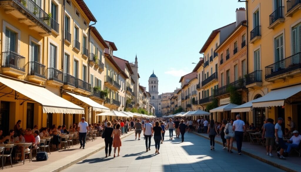 Rue animée avec restaurants et foule, journée ensoleillée.