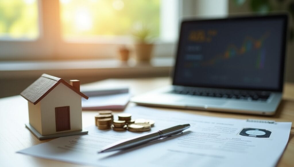 Modèle de maison, pièces, documents, ordinateur portable.