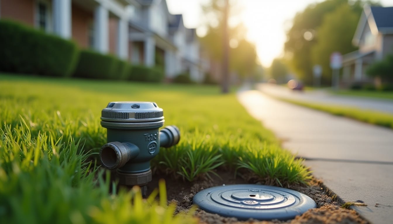 Arroseur de jardin sur pelouse verte au coucher du soleil
