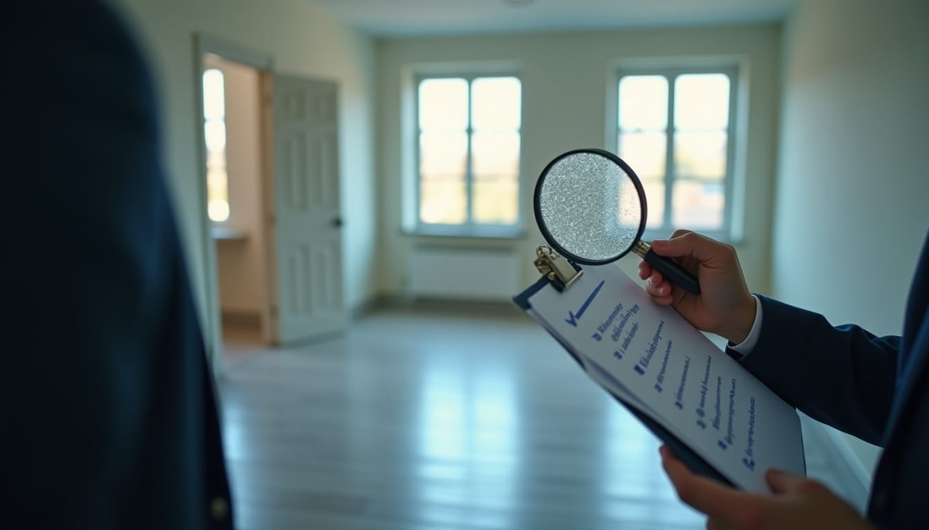 Inspection immobilière avec loupe et clipboard.