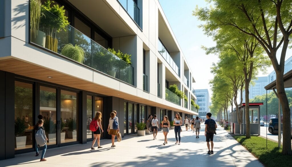 Personnes marchant devant un immeuble moderne.