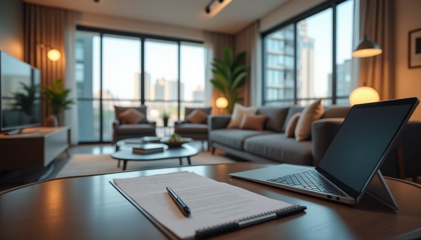 Salon moderne avec bureau et ordinateur portable