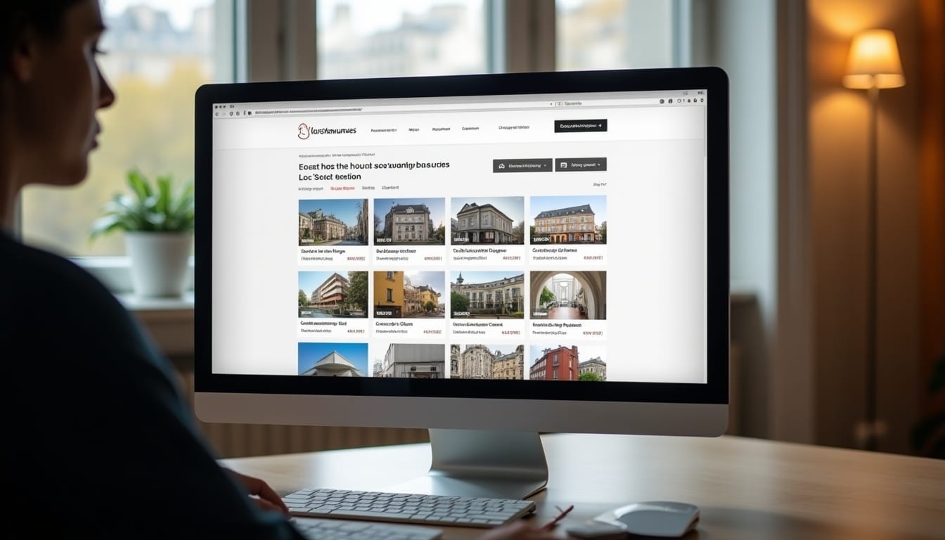 Personne utilisant un site immobilier sur écran d'ordinateur.
