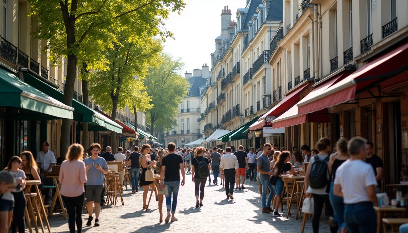 Rue animée à Paris avec piétons et terrasses.