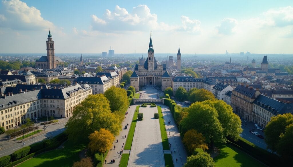 Vue aérienne de la ville avec cathédrale.