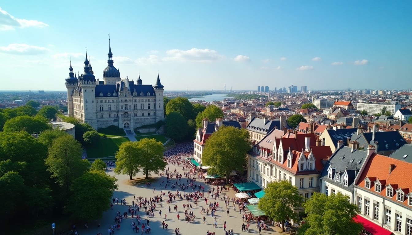 Vue aérienne d'un château entouré de verdure.