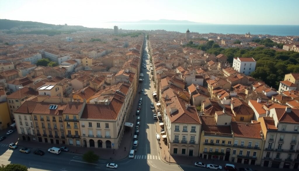 Vue aérienne d'une ville avec océan en arrière-plan.