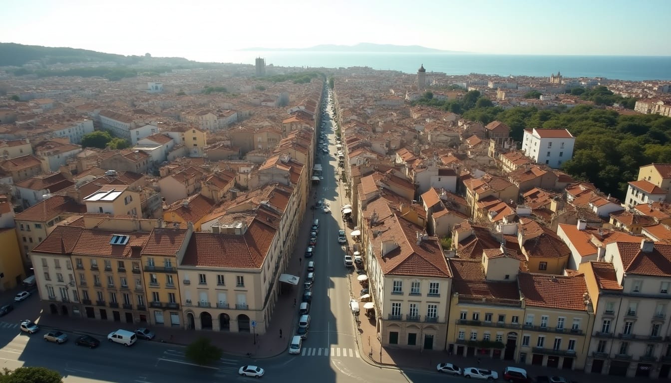 Vue aérienne d'une ville avec océan en arrière-plan.