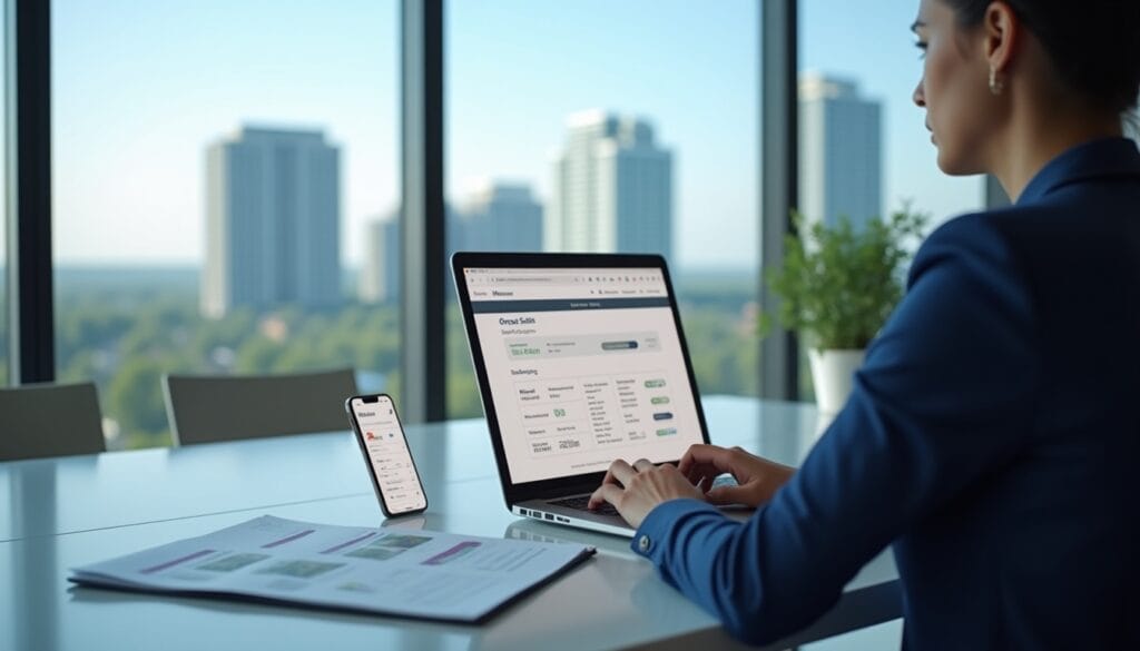 Femme travaillant sur ordinateur portable en bureau moderne.