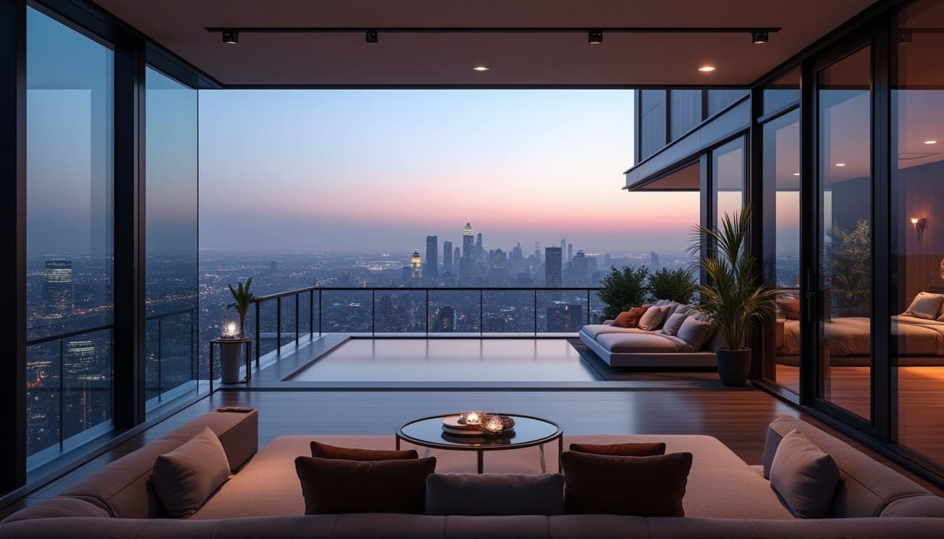 Salon moderne avec vue panoramique sur la ville.