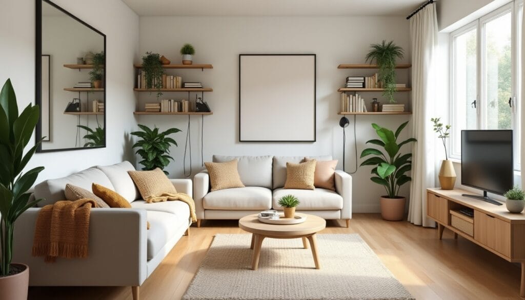 Salon moderne avec plantes et canapé beige.