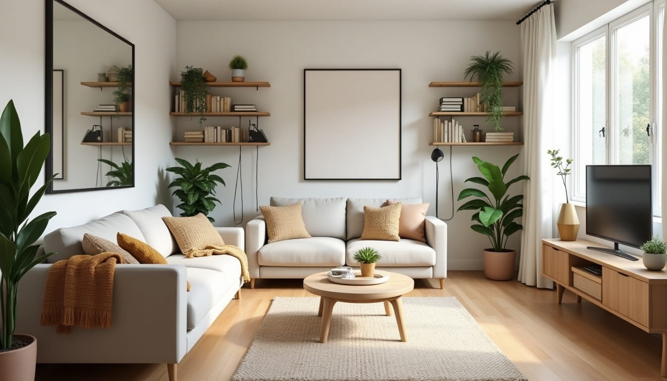 Salon moderne avec plantes et canapé beige.