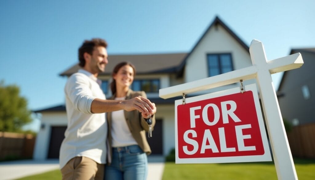 Couple achète maison, panneau à vendre visible.