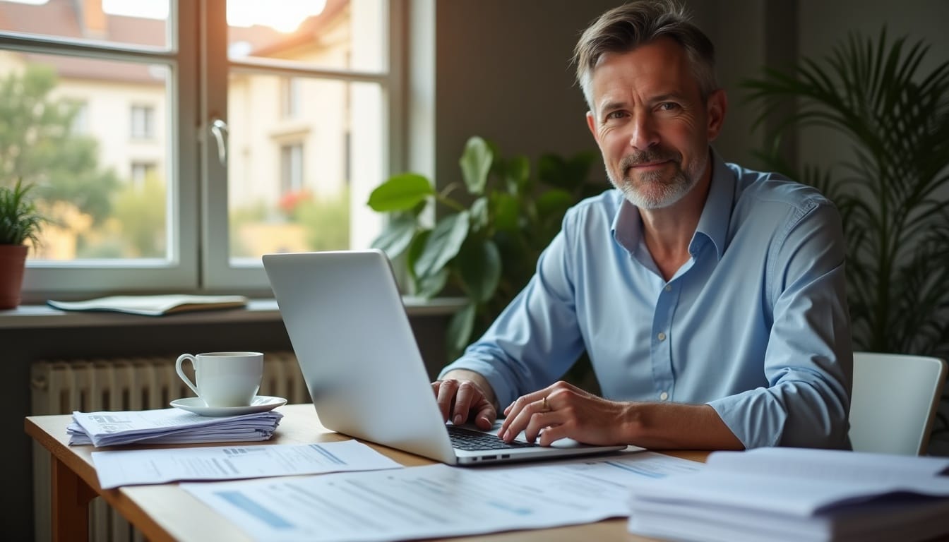 Homme travaillant sur ordinateur dans un bureau lumineux.
