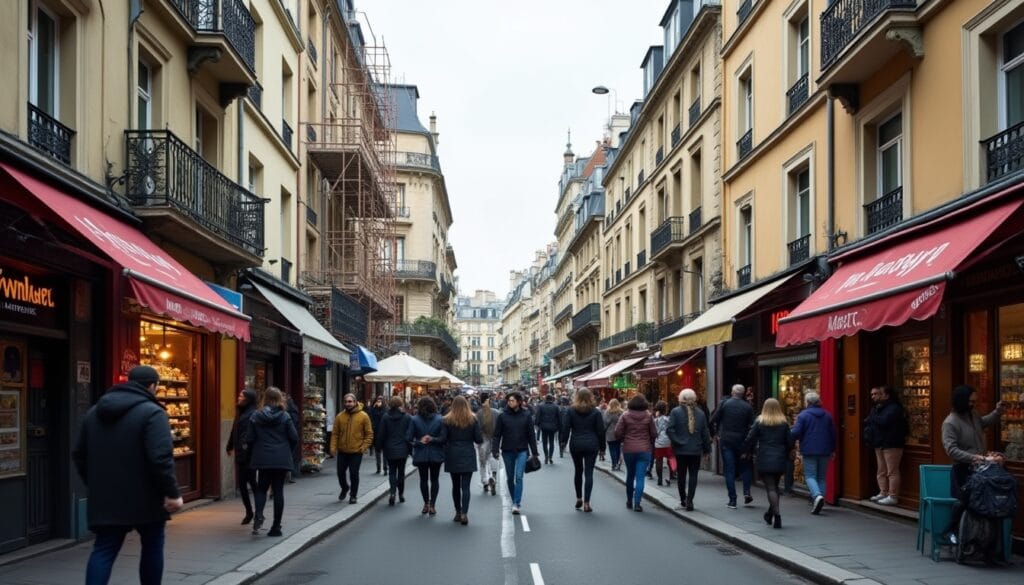 Rue animée à Paris avec passants et magasins.