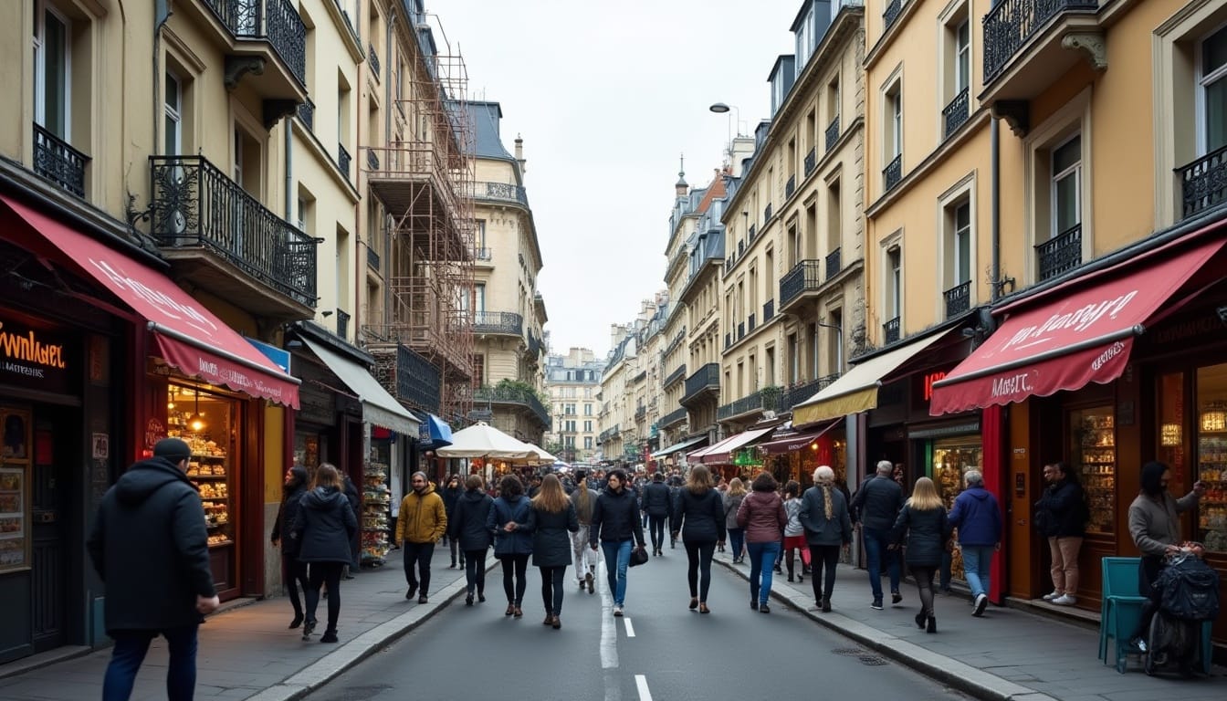 Rue animée à Paris avec passants et magasins.