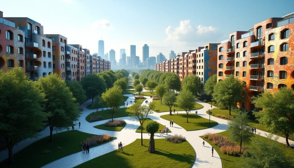 Allée verdoyante entre immeubles colorés et gratte-ciels.