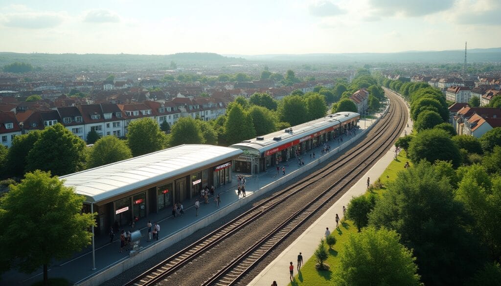 Gare ferroviaire entourée d'arbres et de bâtiments.