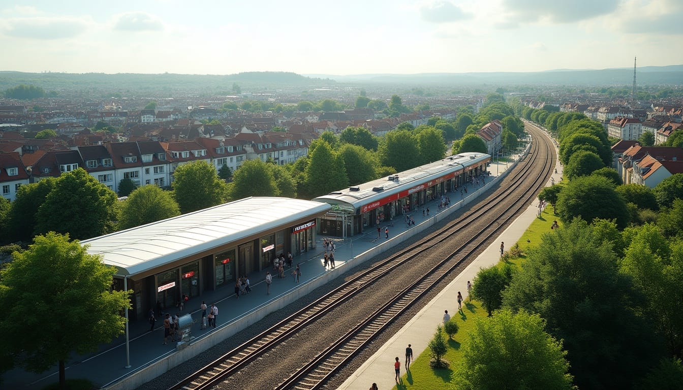 Gare ferroviaire entourée d'arbres et de bâtiments.
