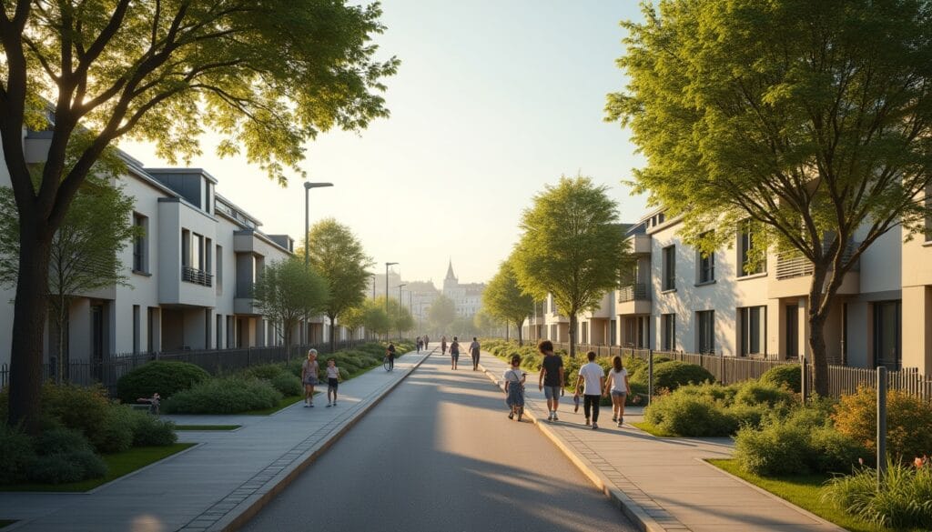 Rue résidentielle avec piétons sous arbres.