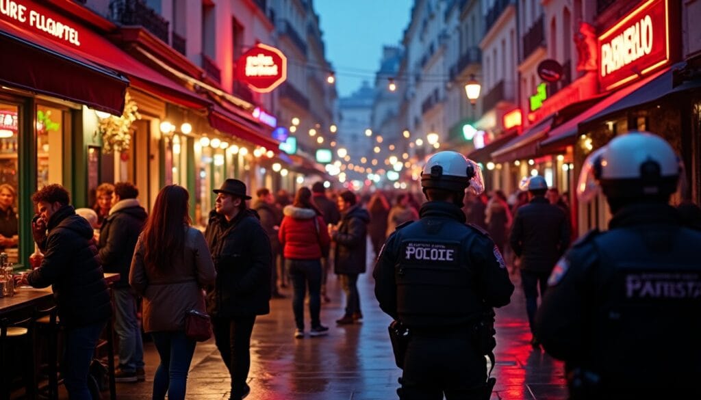 Policiers surveillant une rue animée à Paris, nuit