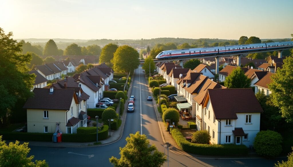 Train passant au-dessus d'un quartier résidentiel paisible.