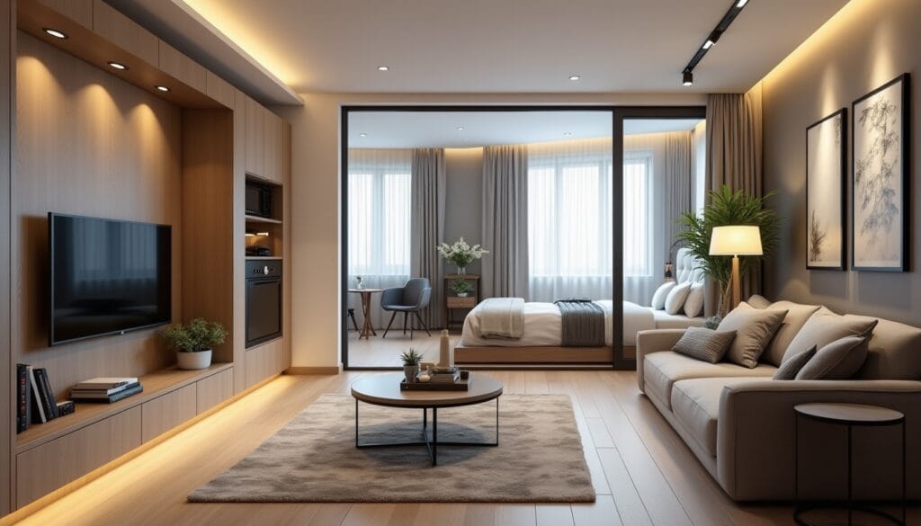 Salon moderne avec chambre attenante lumineuse