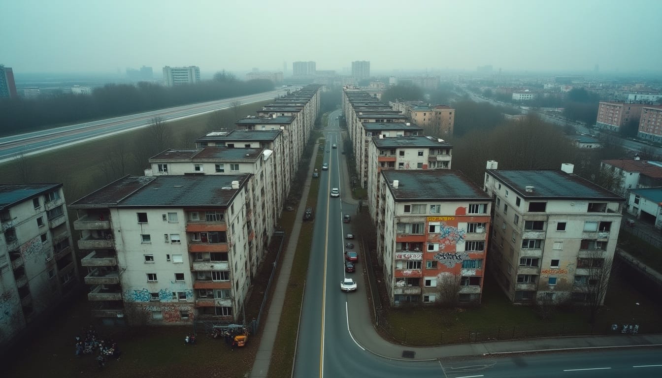 Immeubles en béton alignés le long de la route.