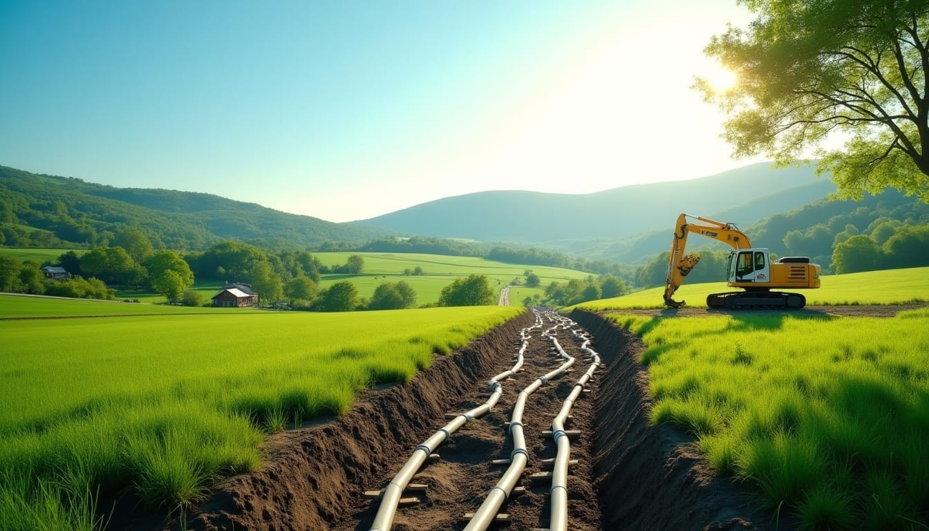 Excavatrice installant tuyaux dans paysage rural verdoyant