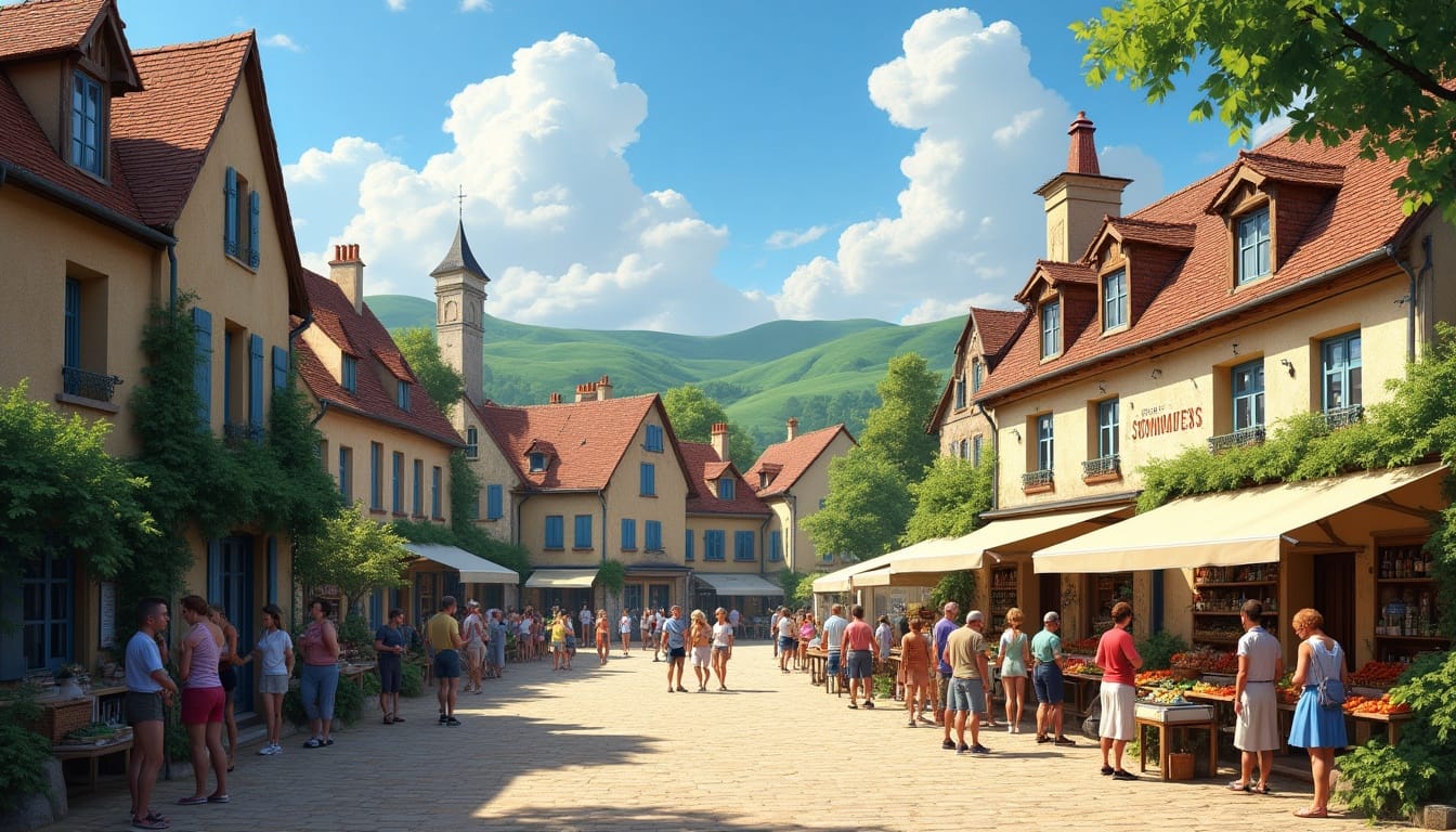 Marché animé dans un village pittoresque français.