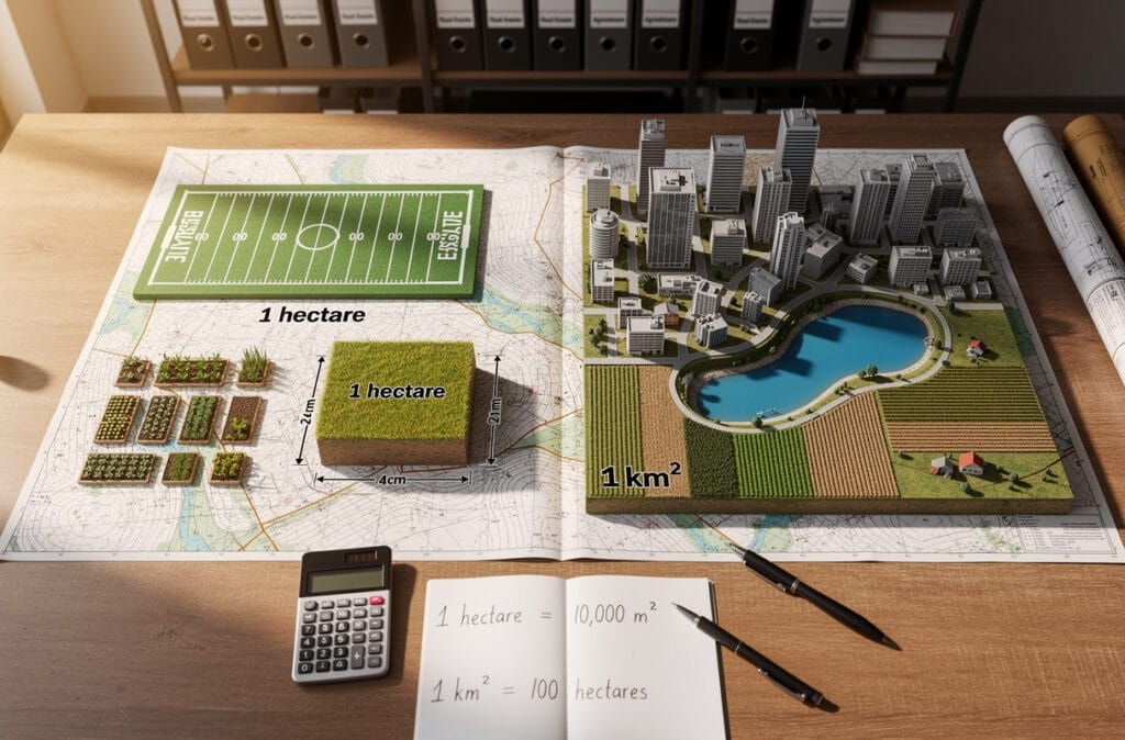 L’hectare et le kilomètre carré sont deux unités essentielles pour mesurer les surfaces en immobilier, agriculture et aménagement du territoire. Un hectare équivaut à 10 000 m² tandis qu’un kilomètre carré en représente 1 000 000. La conversion hectare en kilomètres carrés permet d’évaluer, comparer et valoriser des terrains de manière précise et professionnelle, limitant ainsi toute confusion lors des transactions foncières.